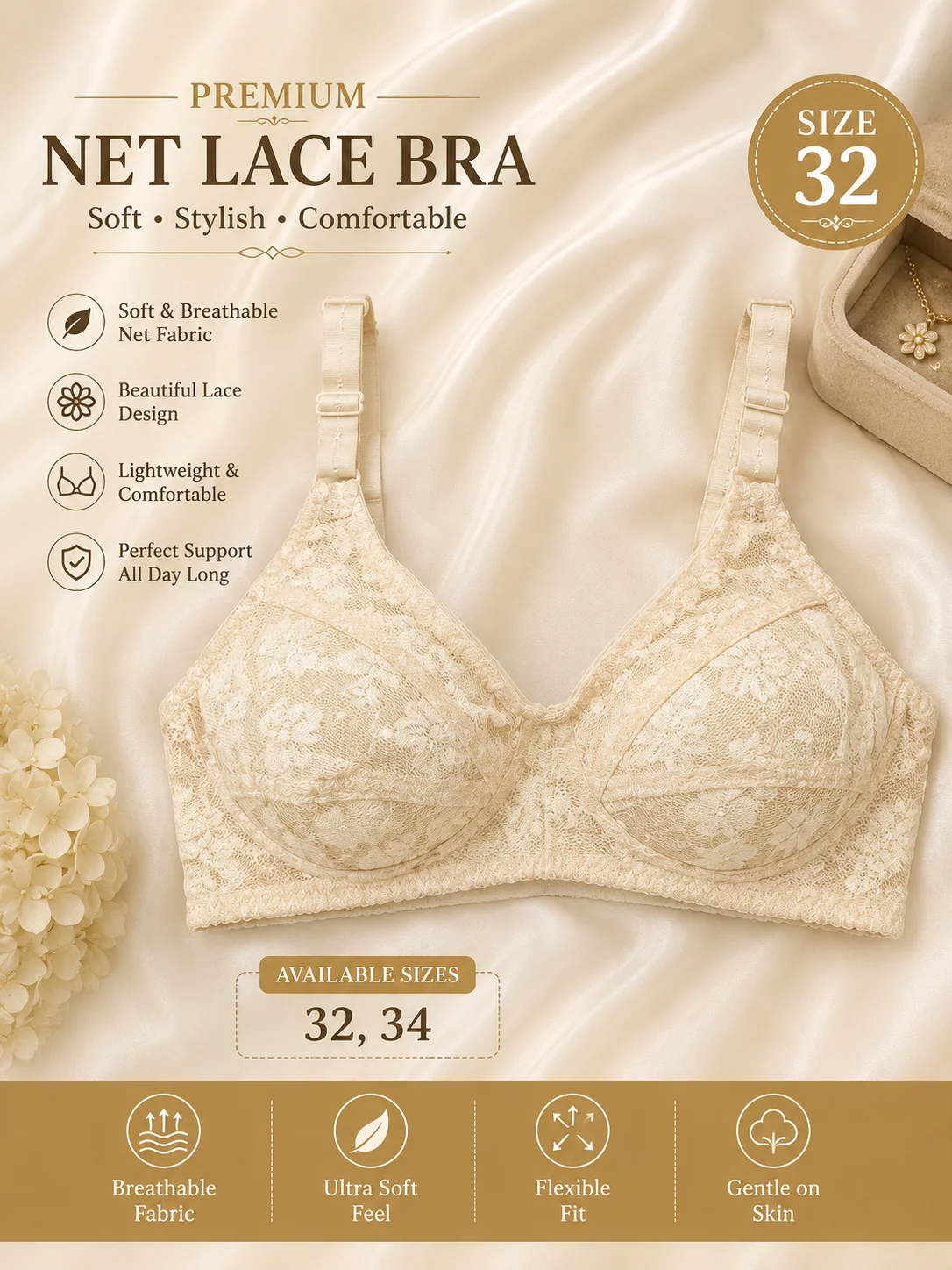 Premium Floral Net Bra for Women – Soft & Comfortable | Available Sizes 32 & 38