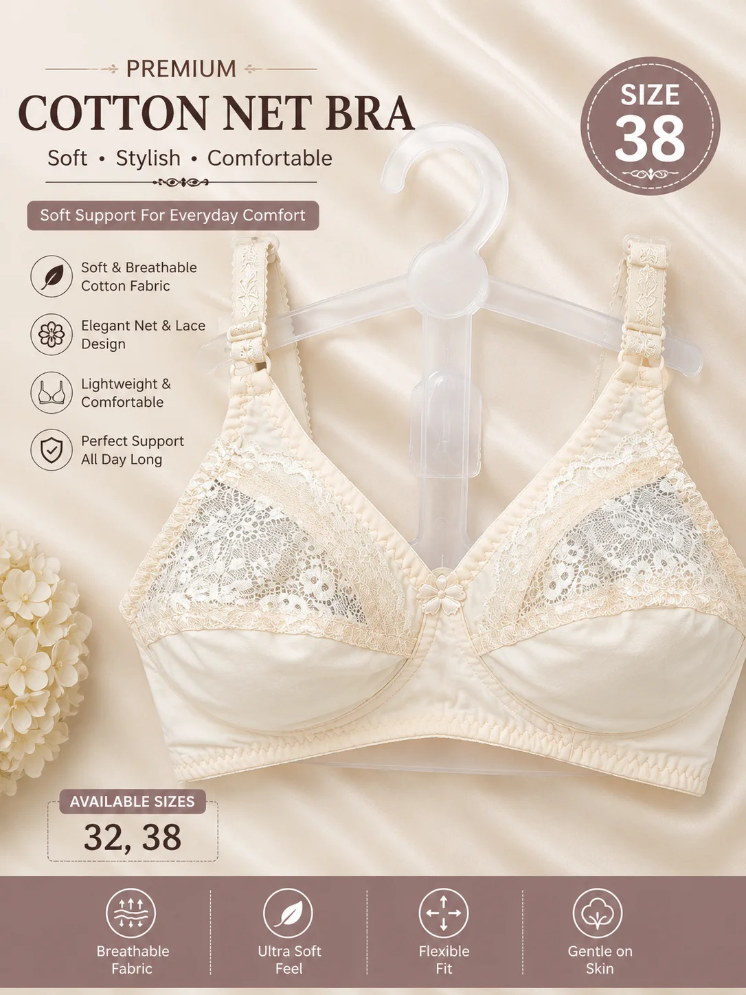 Premium Cotton Net Bra for Women – Soft & Comfortable | Available Sizes 32 & 38