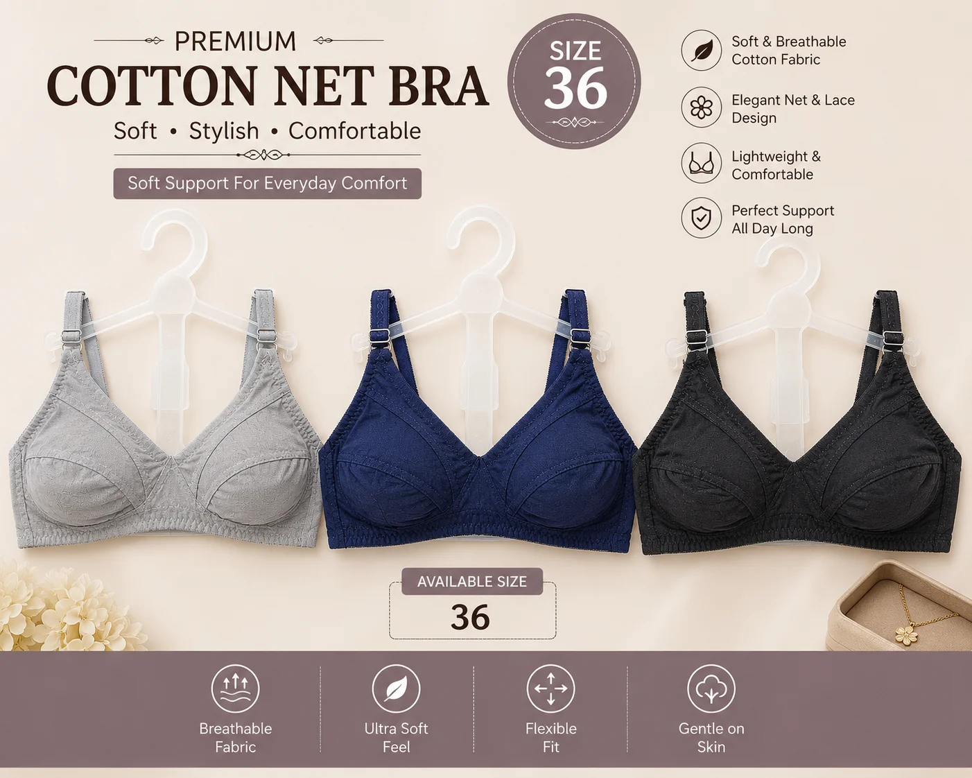 Premium Cotton Net Bra Collection for Women – Soft & Comfortable | Available Sizes 32, 34 & 36