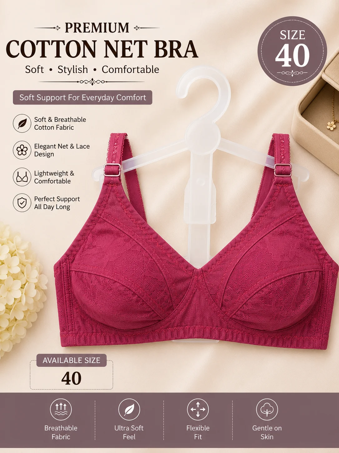 Premium Cotton Net Bra Collection for Women – Soft & Comfortable | Available Sizes 40 & 42