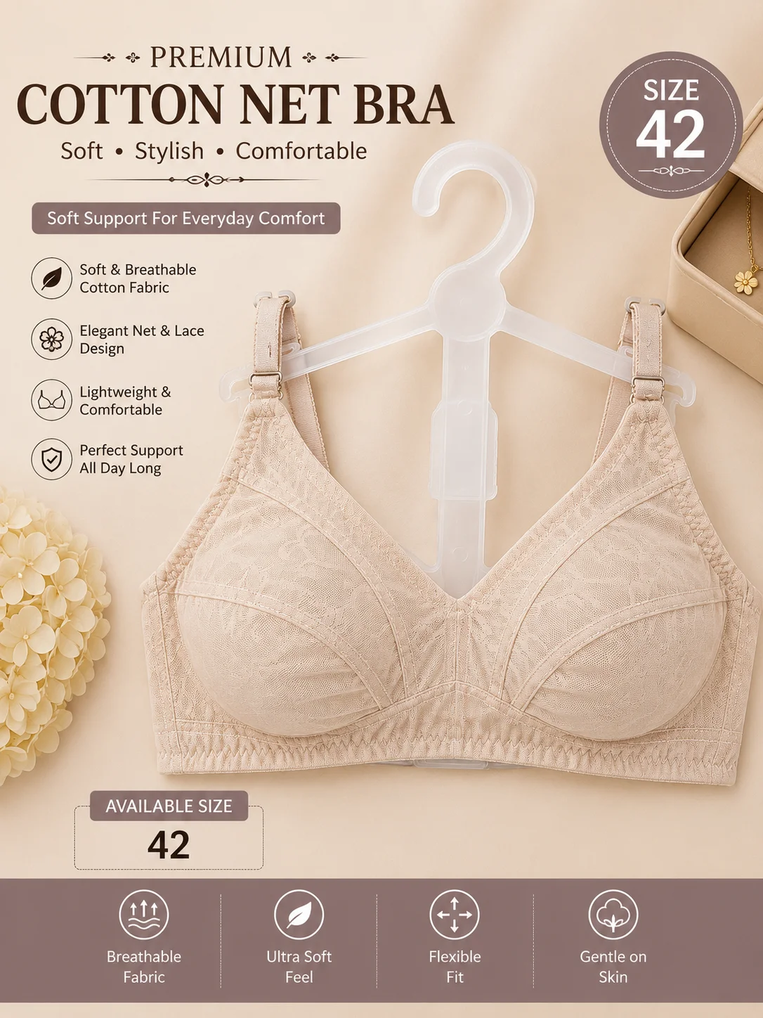 Premium Cotton Net Bra Collection for Women – Soft & Comfortable | Available Sizes 40 & 42