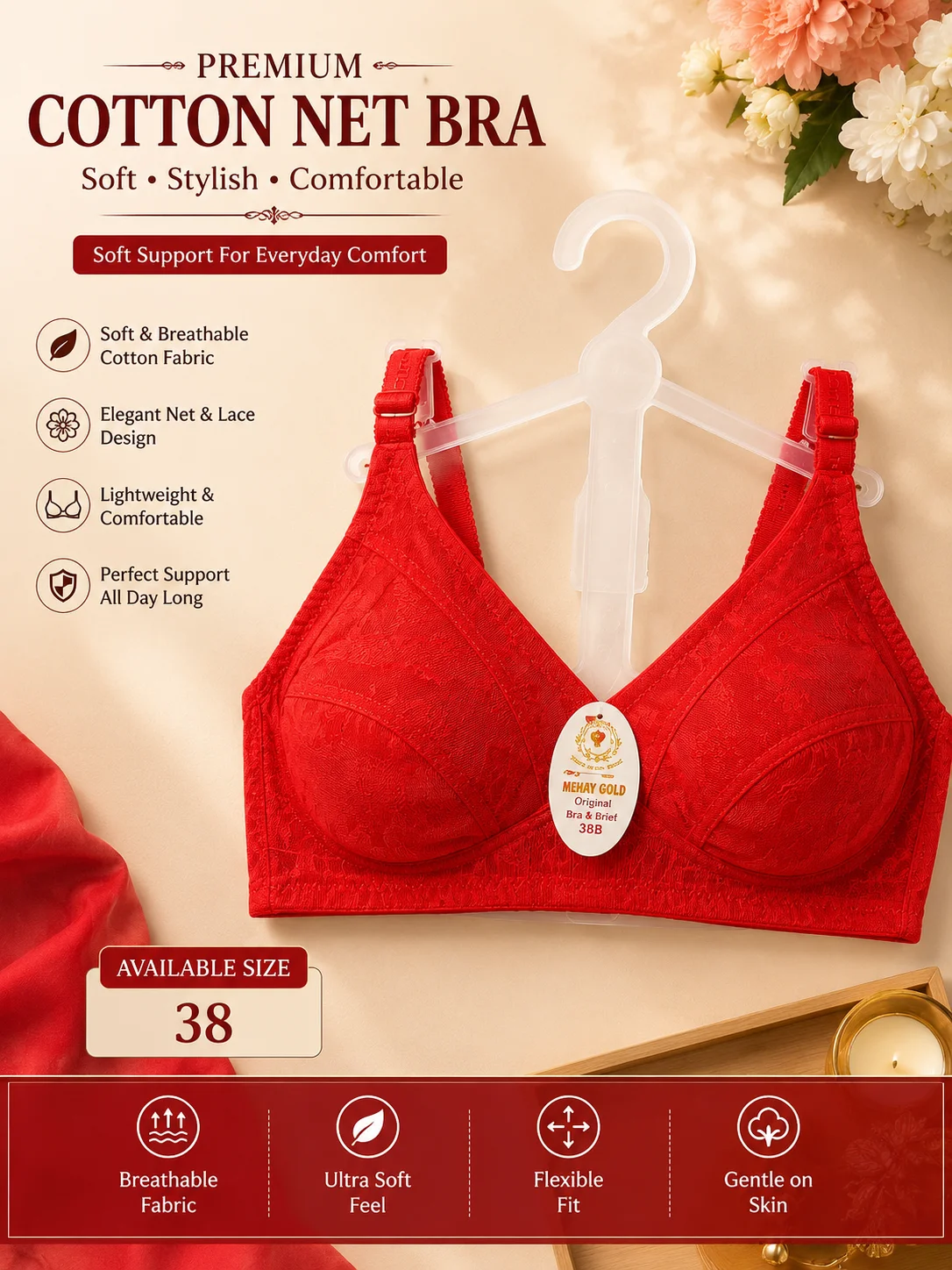 Premium Cotton Net Bra – Soft & Comfortable | Size 38