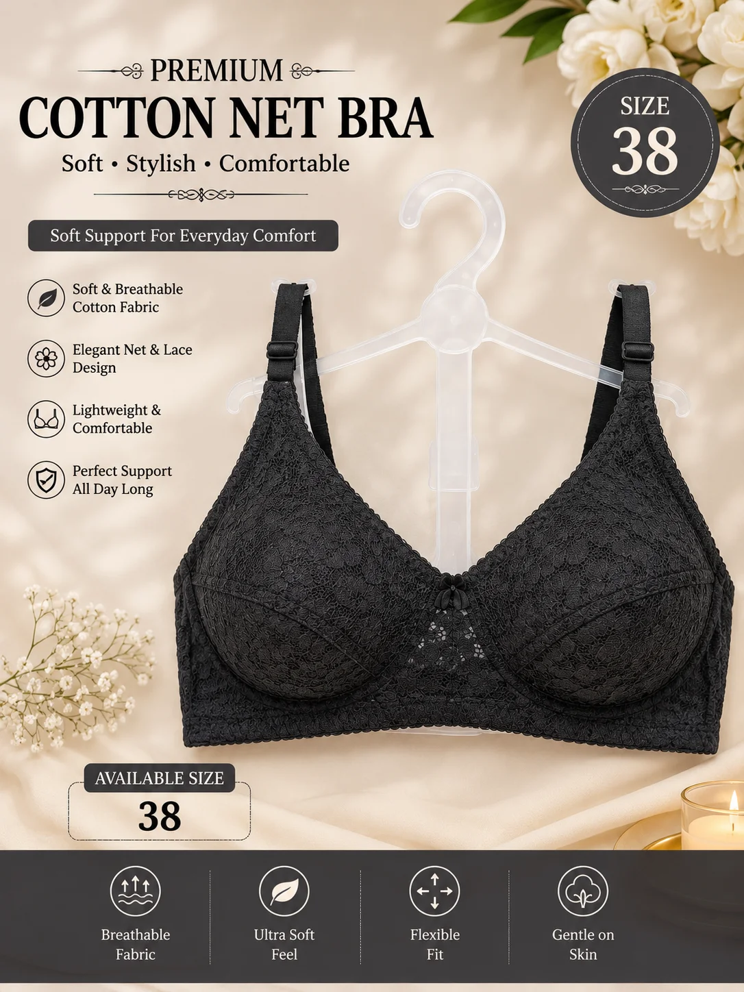Black Net Bra – Soft & Comfortable | Size 38