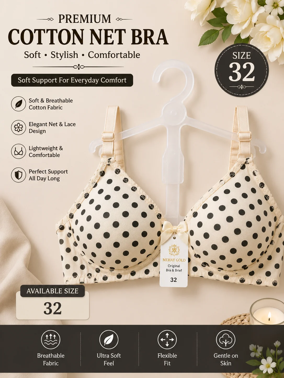 Premium Polka Dot Bra – Soft & Comfortable | Size 32