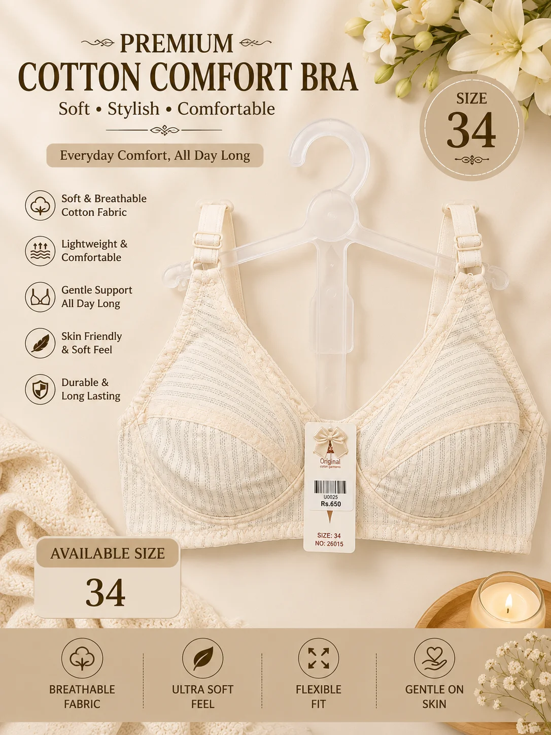 Premium Comfort Bra – Soft Everyday Wear (Size 32 & 34)