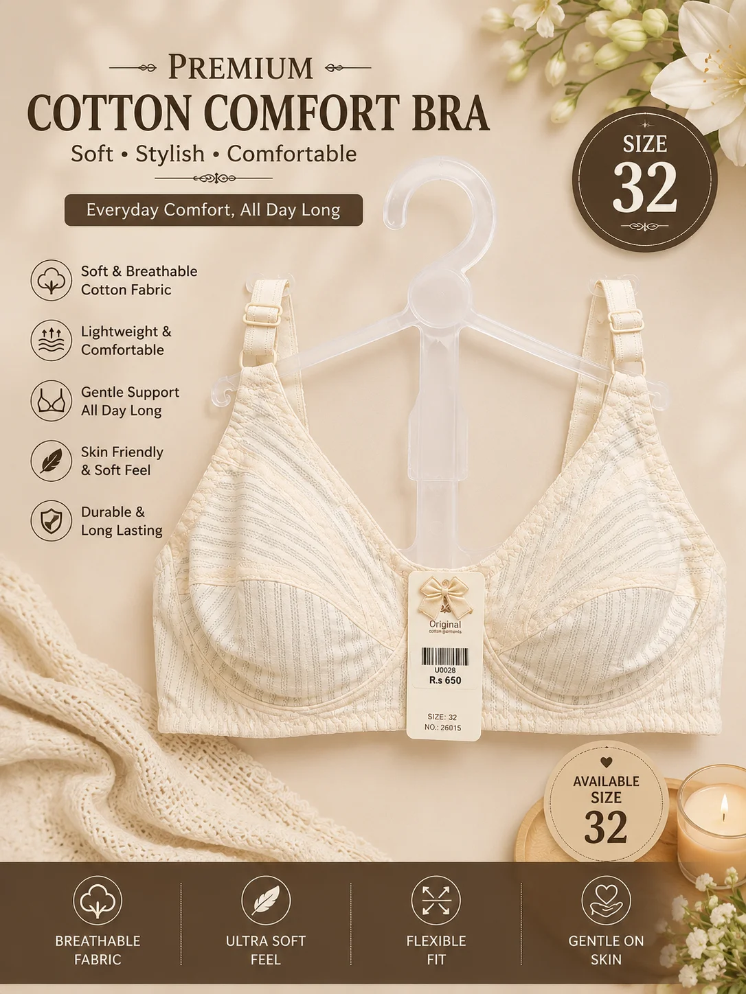 Premium Comfort Bra – Soft Everyday Wear (Size 32 & 34)
