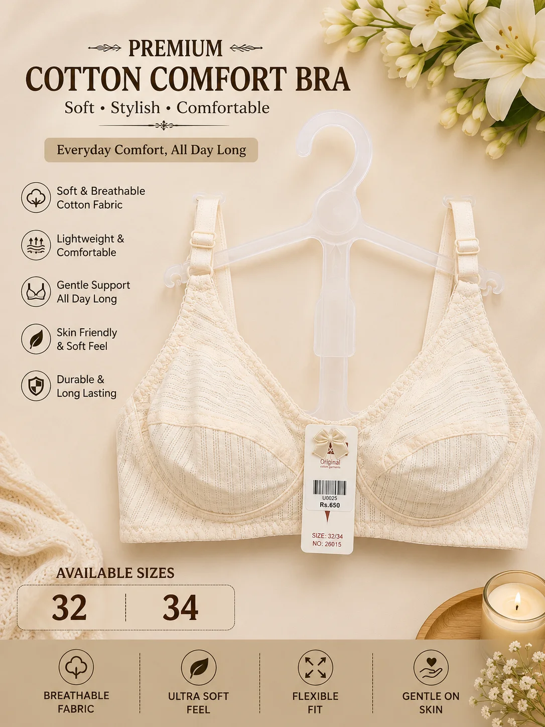 Premium Comfort Bra – Soft Everyday Wear (Size 32 & 34)