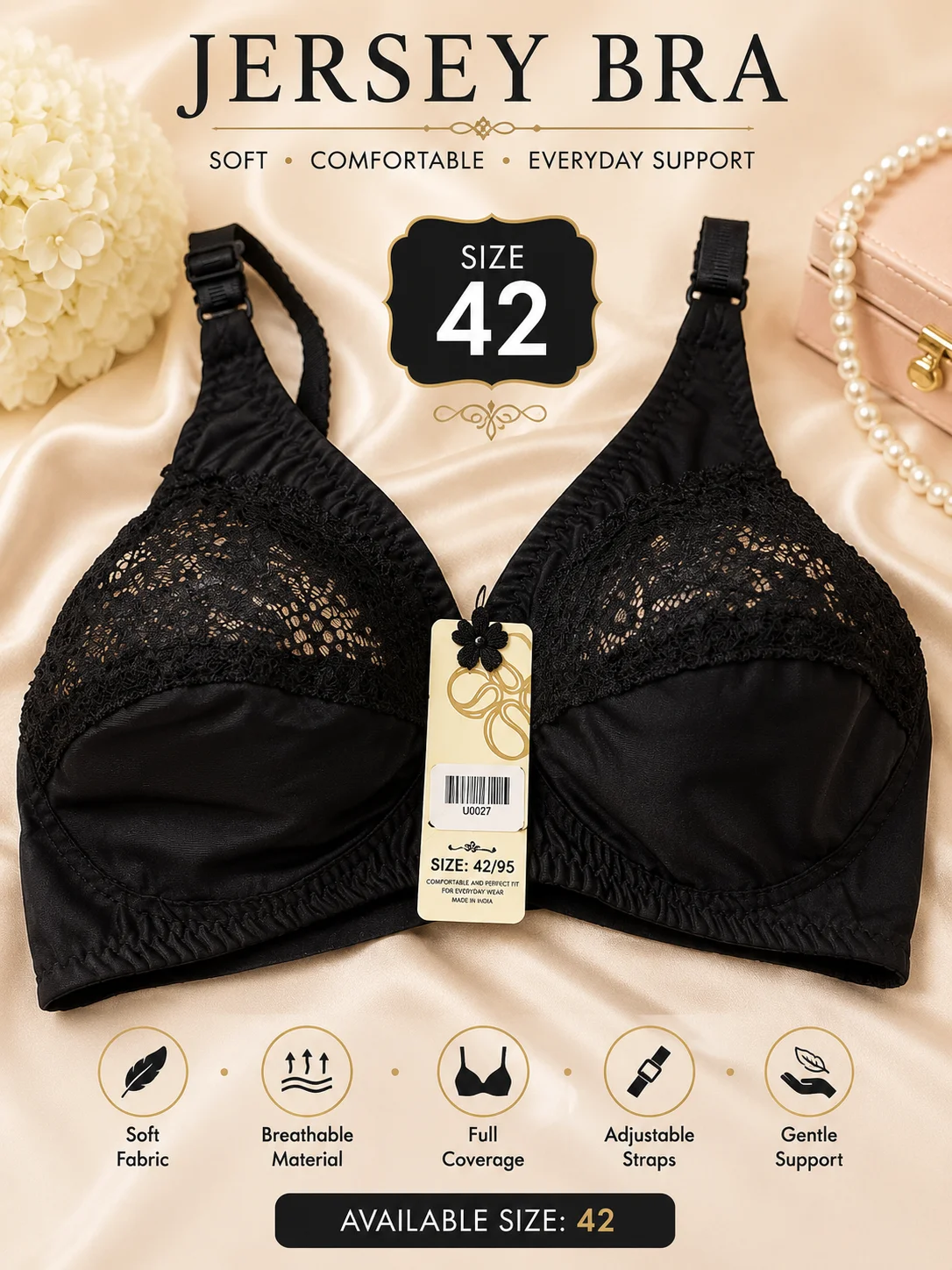 Black Lace Jersey Bra for Women – Soft Full Coverage Comfort Bra | Size 42