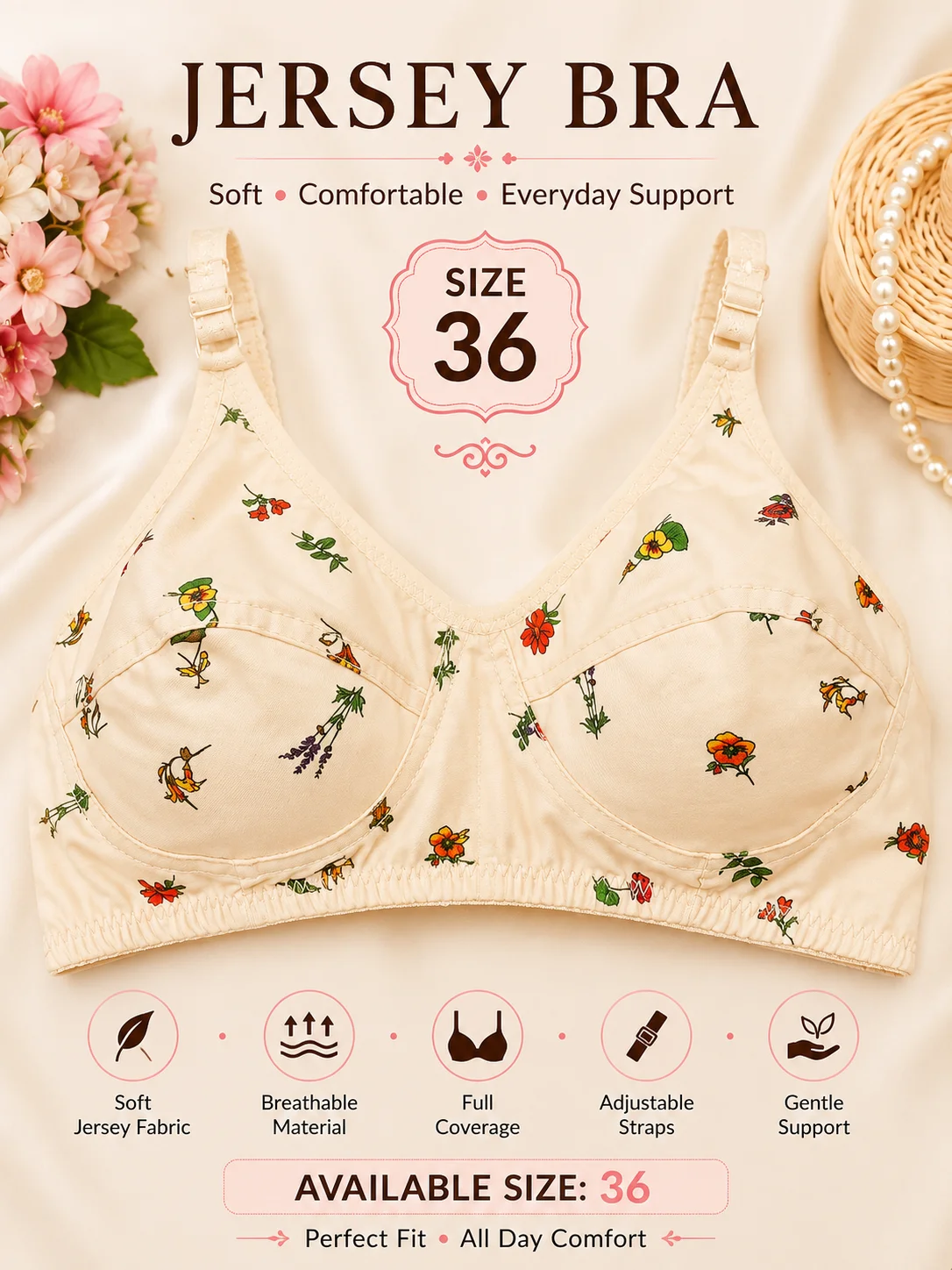 Premium Floral Jersey Cotton Bra – Soft Comfort | Sizes 32, 34 & 36