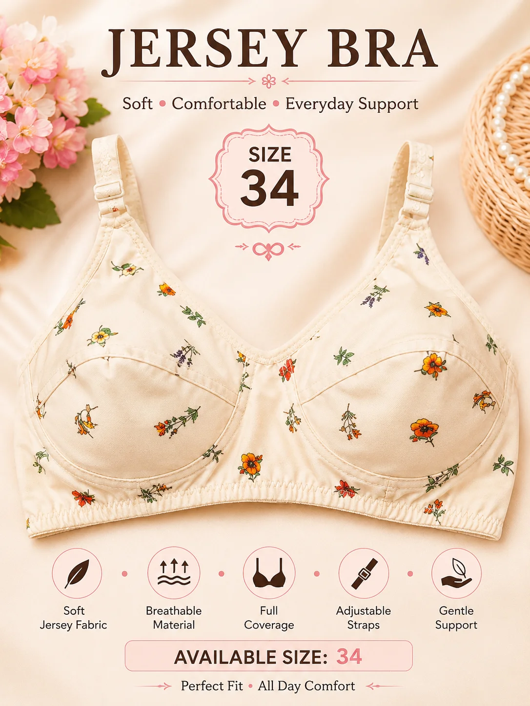 Premium Floral Jersey Cotton Bra – Soft Comfort | Sizes 32, 34 & 36
