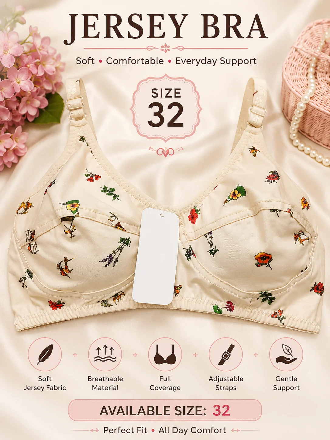 Premium Floral Jersey Cotton Bra – Soft Comfort | Sizes 32, 34 & 36