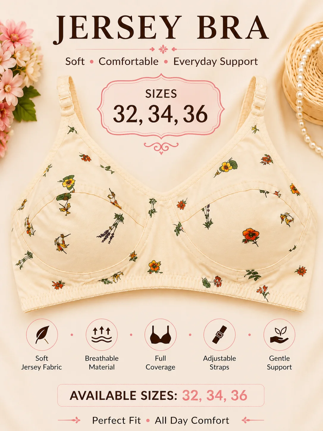 Premium Floral Jersey Cotton Bra – Soft Comfort | Sizes 32, 34 & 36