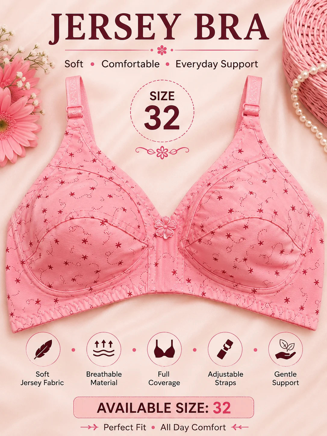 Pink Floral Jersey Bra for Women – Soft Full Coverage Comfort Bra | Size 32,42