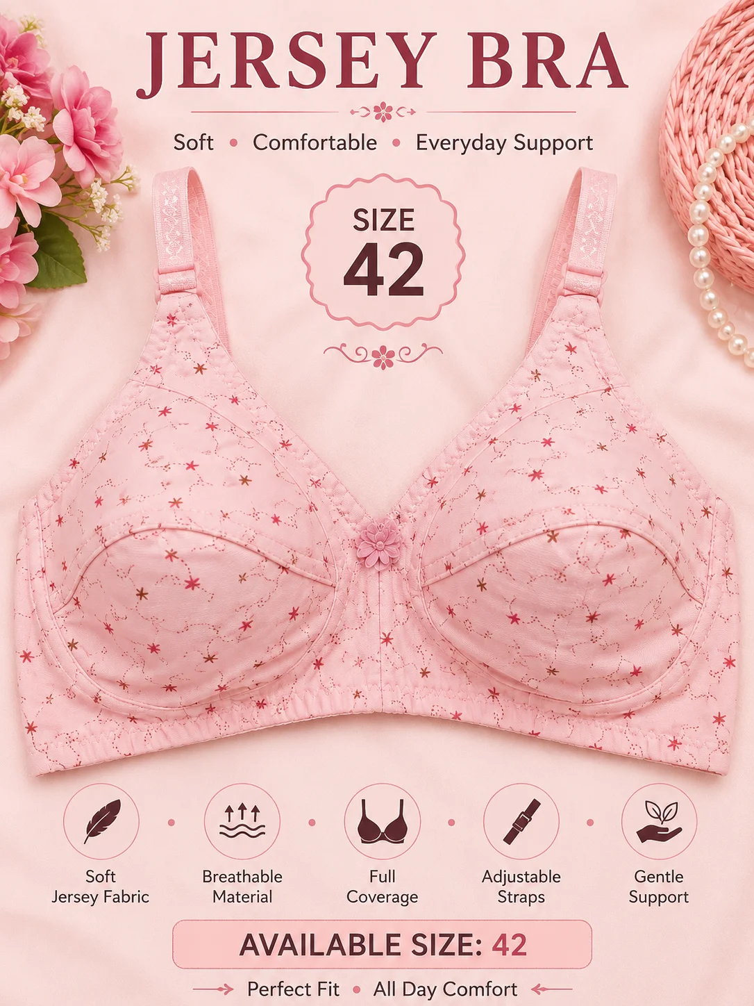 Pink Floral Jersey Bra for Women – Soft Full Coverage Comfort Bra | Size 32,42