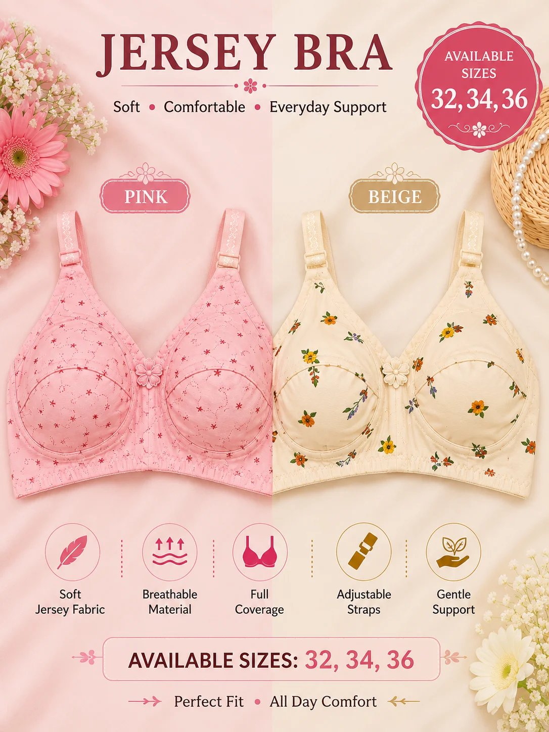 Pink Floral Jersey Bra for Women – Soft Full Coverage Comfort Bra | Size 32,42