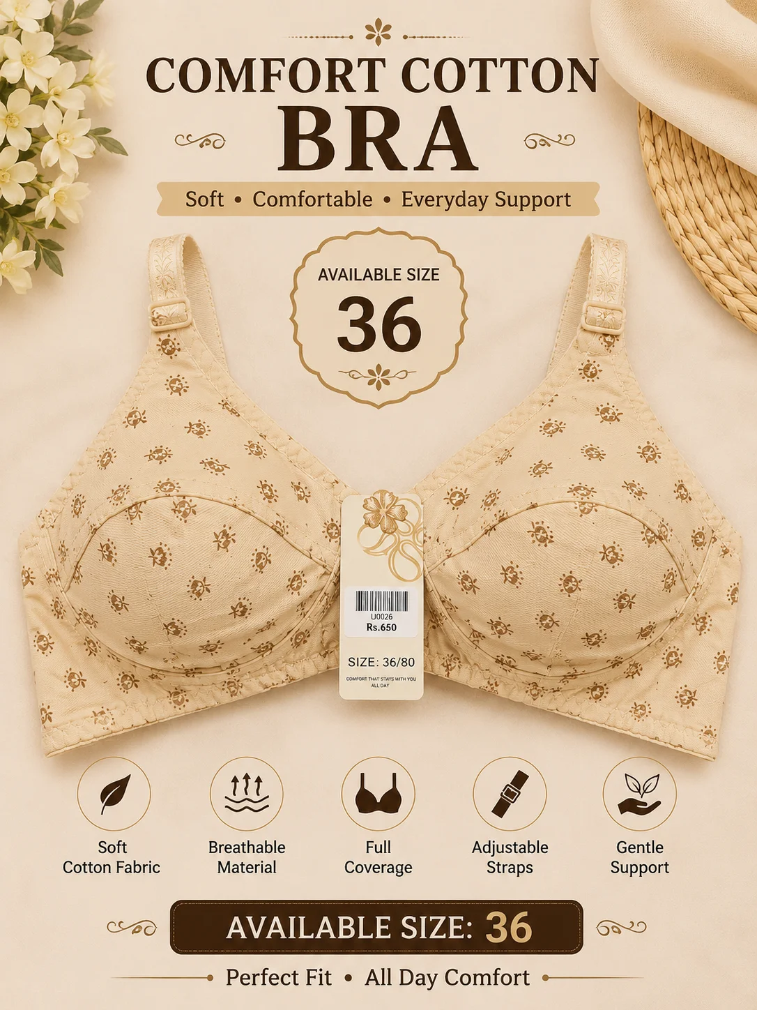 Jersey Cotton Bra – Soft Everyday Comfort | Available Sizes: 32, 36