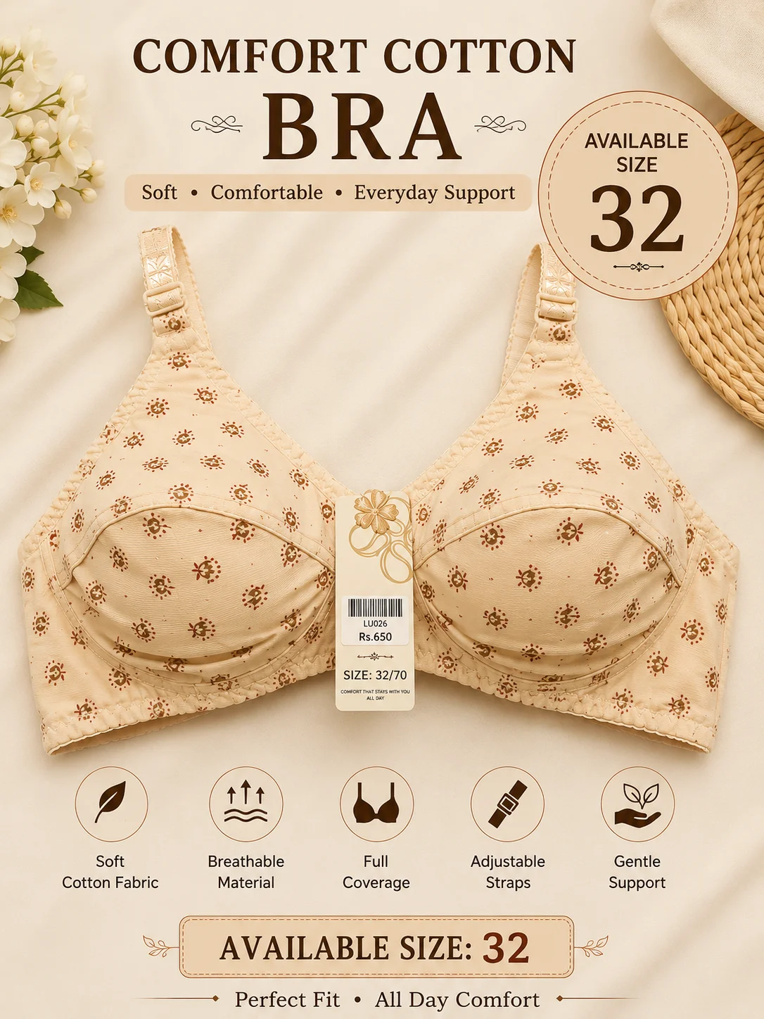 Jersey Cotton Bra – Soft Everyday Comfort | Available Sizes: 32, 36