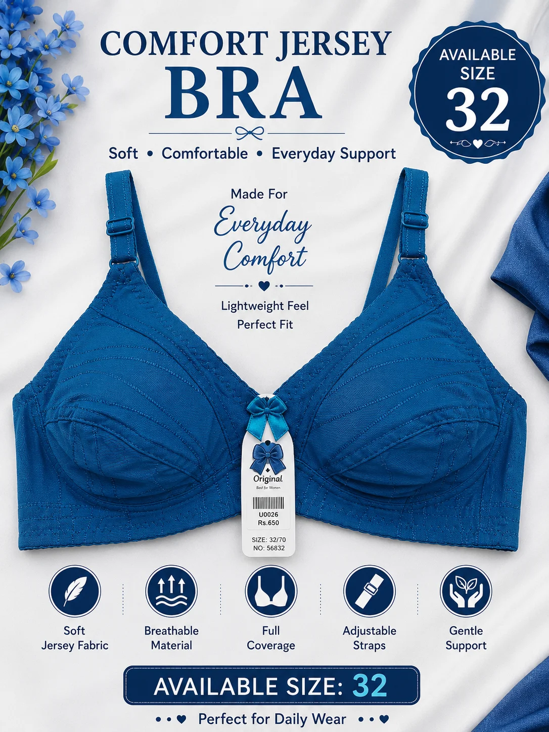 Women's Soft Jersey Cotton Bra – Everyday Comfort | Available Sizes: 32, 34