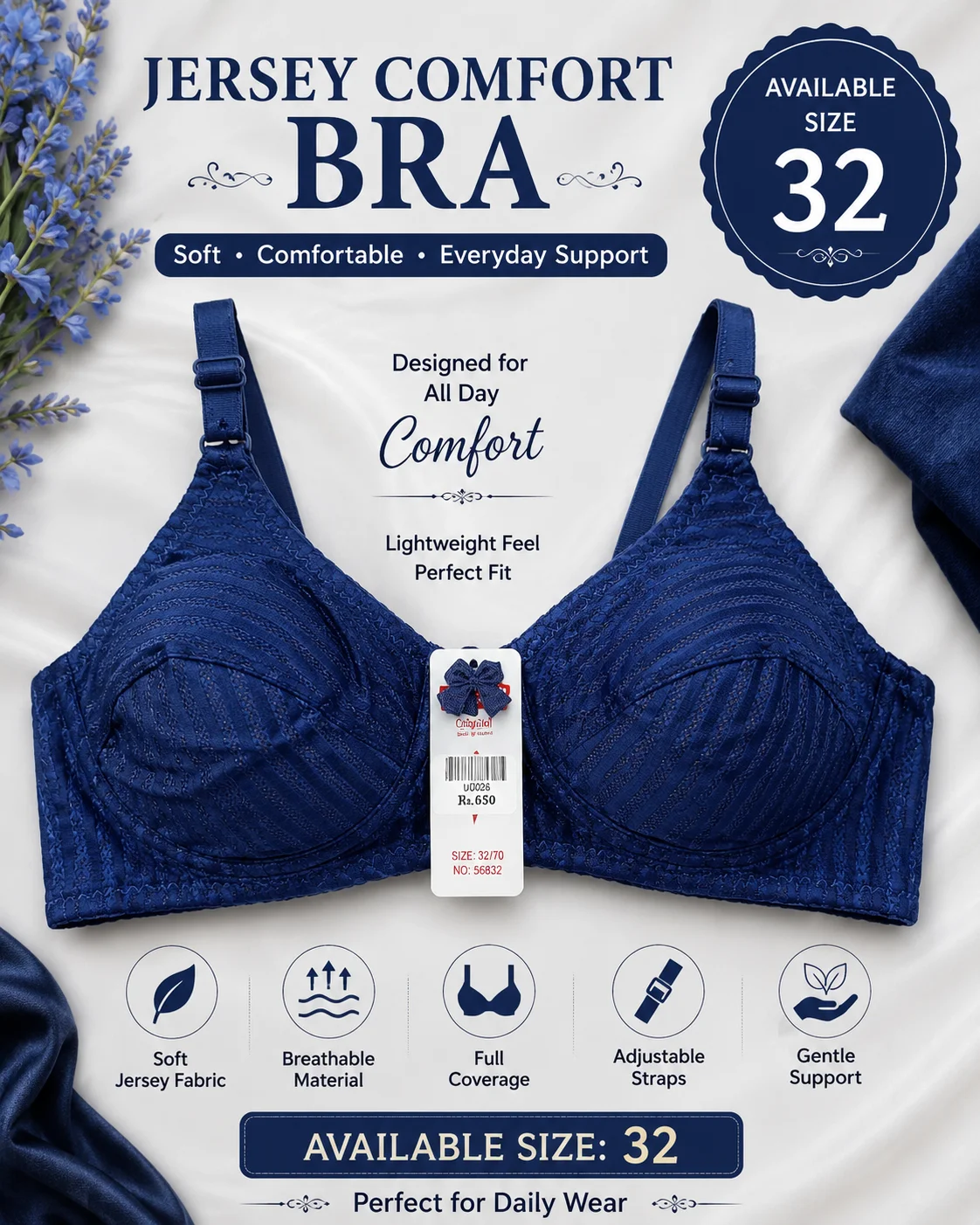 Women's Soft Jersey Cotton Bra – Everyday Comfort | Available Sizes: 32, 34