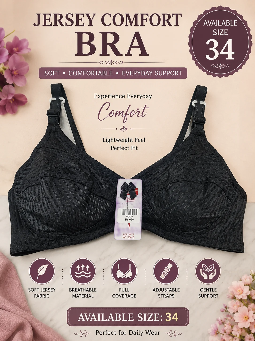 Women's Soft Jersey Cotton Bra – Everyday Comfort | Available Sizes: 32, 34