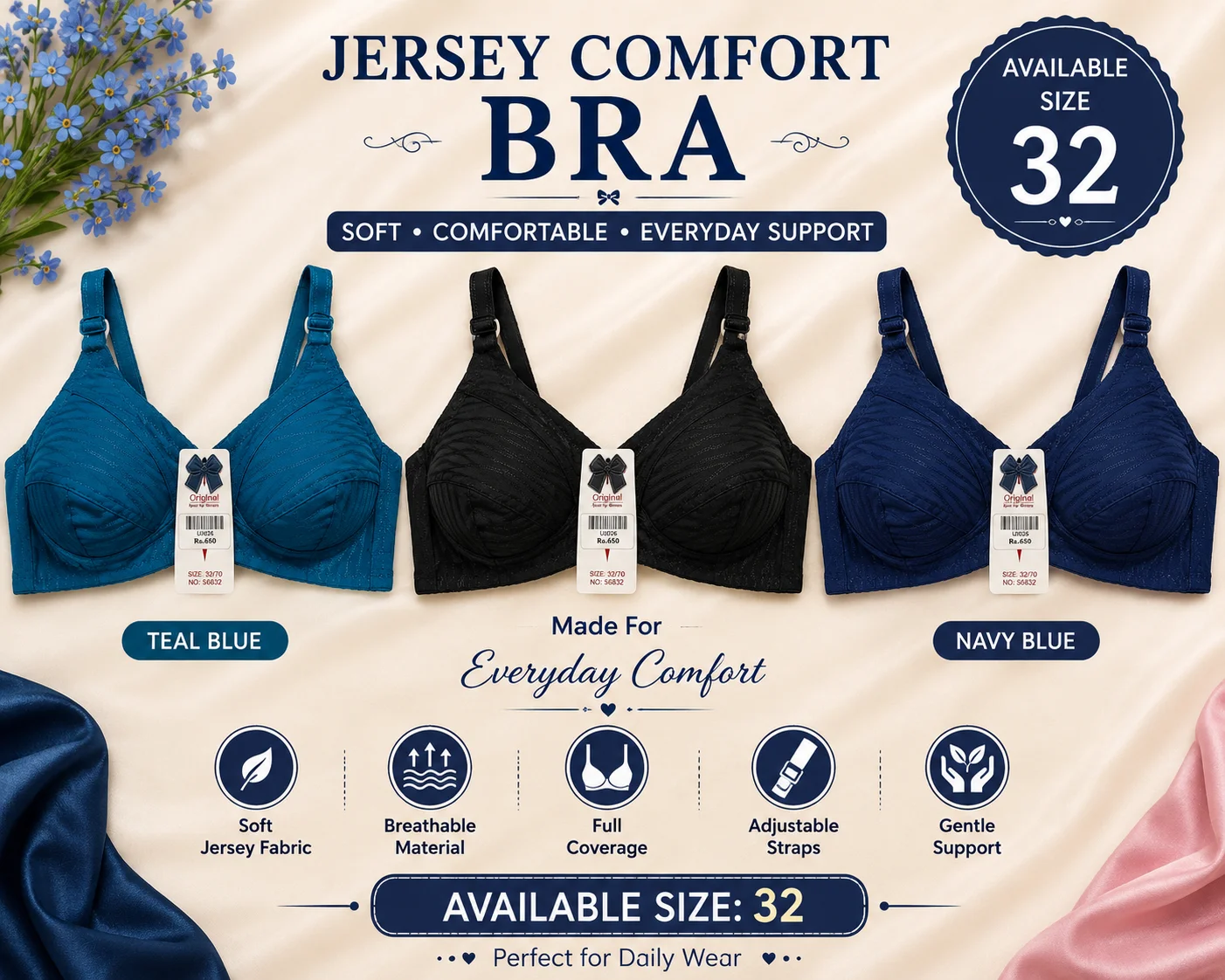 Women's Soft Jersey Cotton Bra – Everyday Comfort | Available Sizes: 32, 34