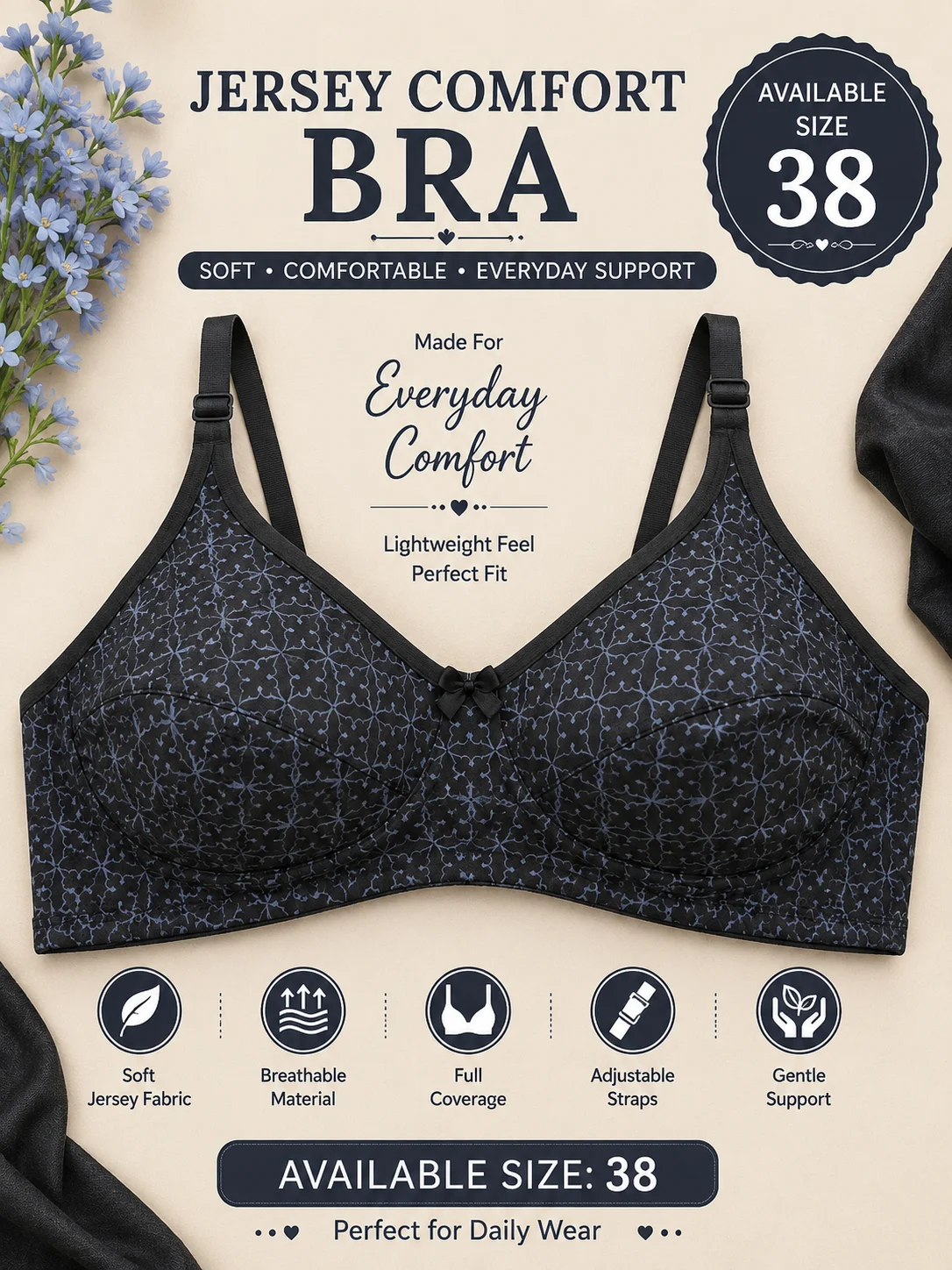 Women's Soft Jersey Cotton Bra – Everyday Comfort | Available Sizes: 32, 38