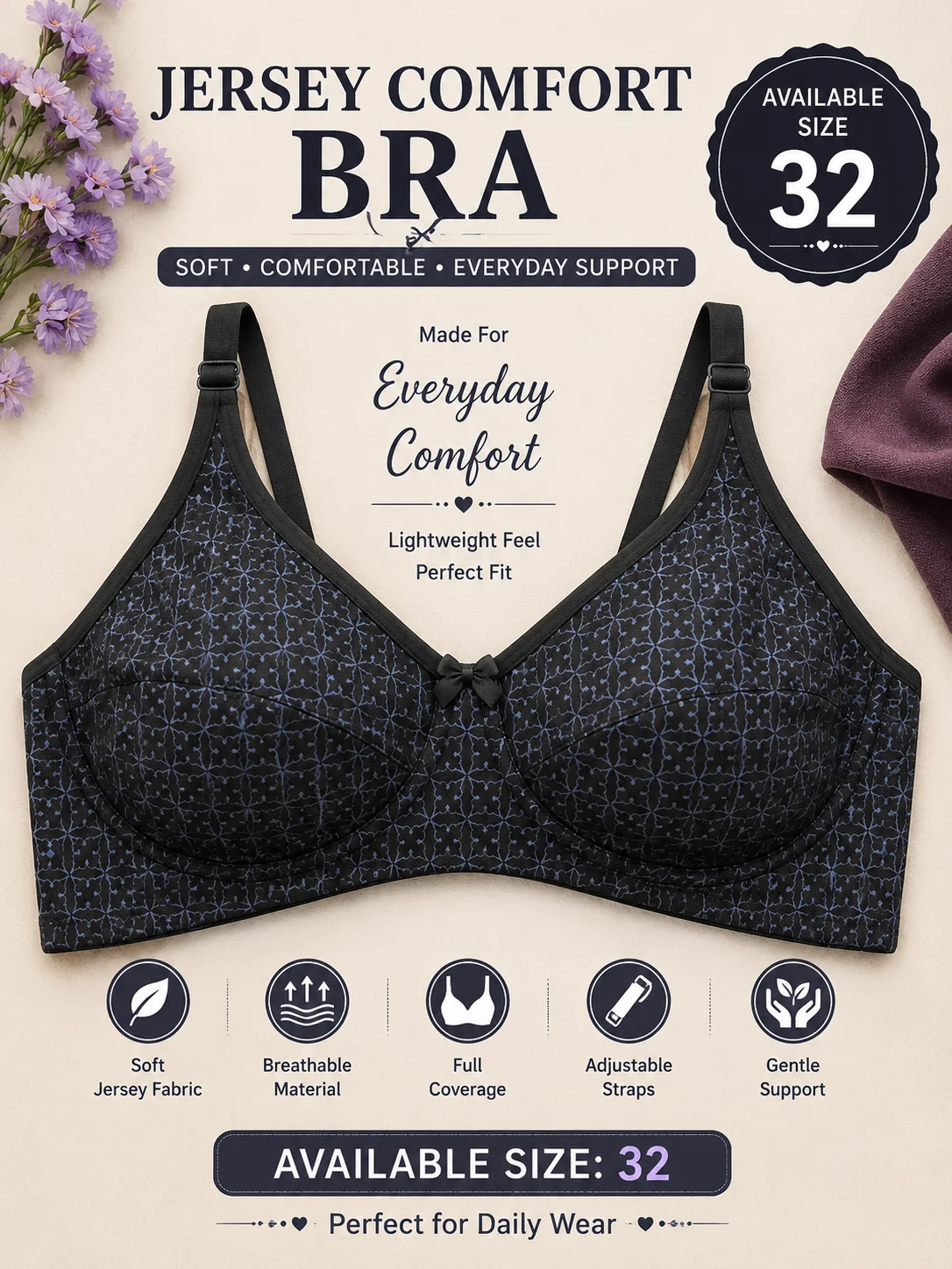 Women's Soft Jersey Cotton Bra – Everyday Comfort | Available Sizes: 32, 38