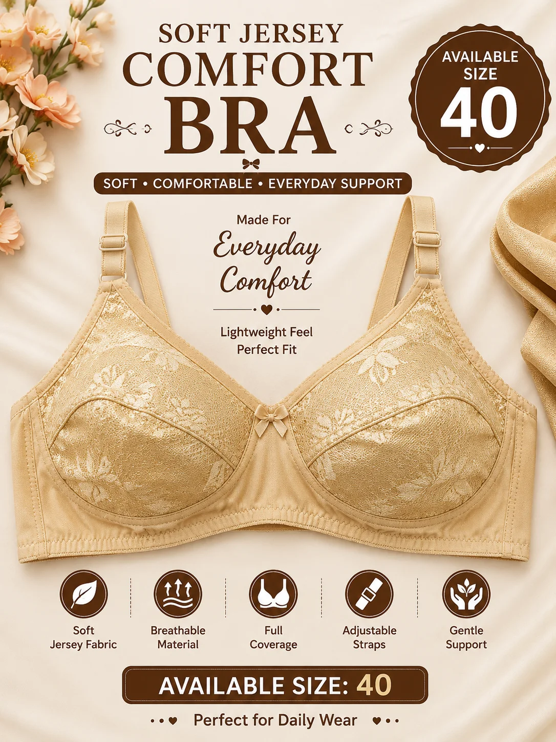 Women's Soft Jersey Comfort Bra – Everyday Full Coverage | Available Sizes: 32 & 40