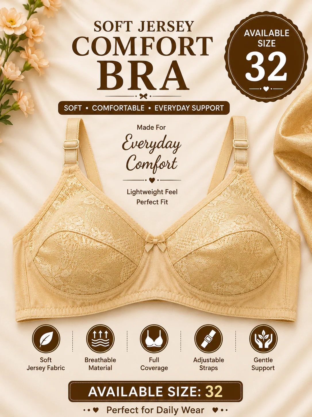 Women's Soft Jersey Comfort Bra – Everyday Full Coverage | Available Sizes: 32 & 40