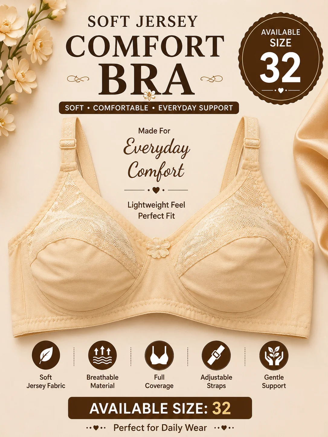 Women's Soft Jersey Full Coverage Bra – Everyday Comfort | Available Size: 32
