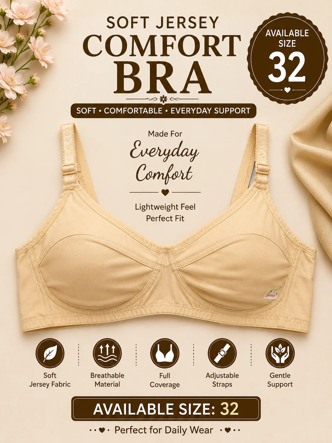 Women's Soft Jersey Full Coverage Bra – Everyday Comfort | Available Size: 32