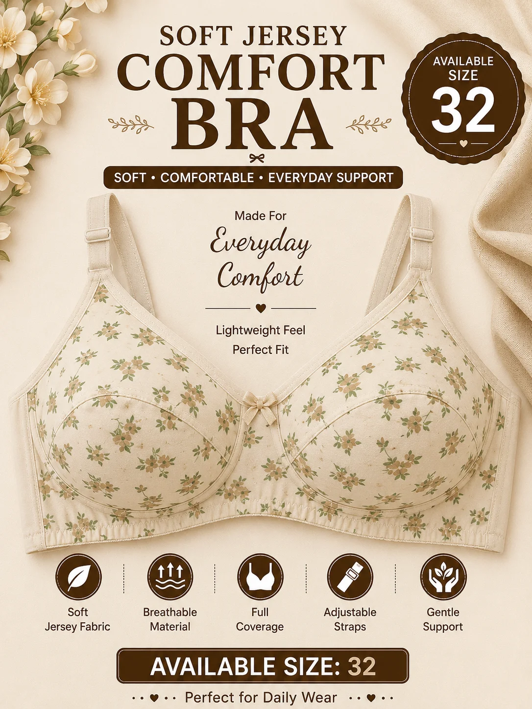 Women's Floral Soft Jersey Bra – Everyday Comfort | Available Size: 32
