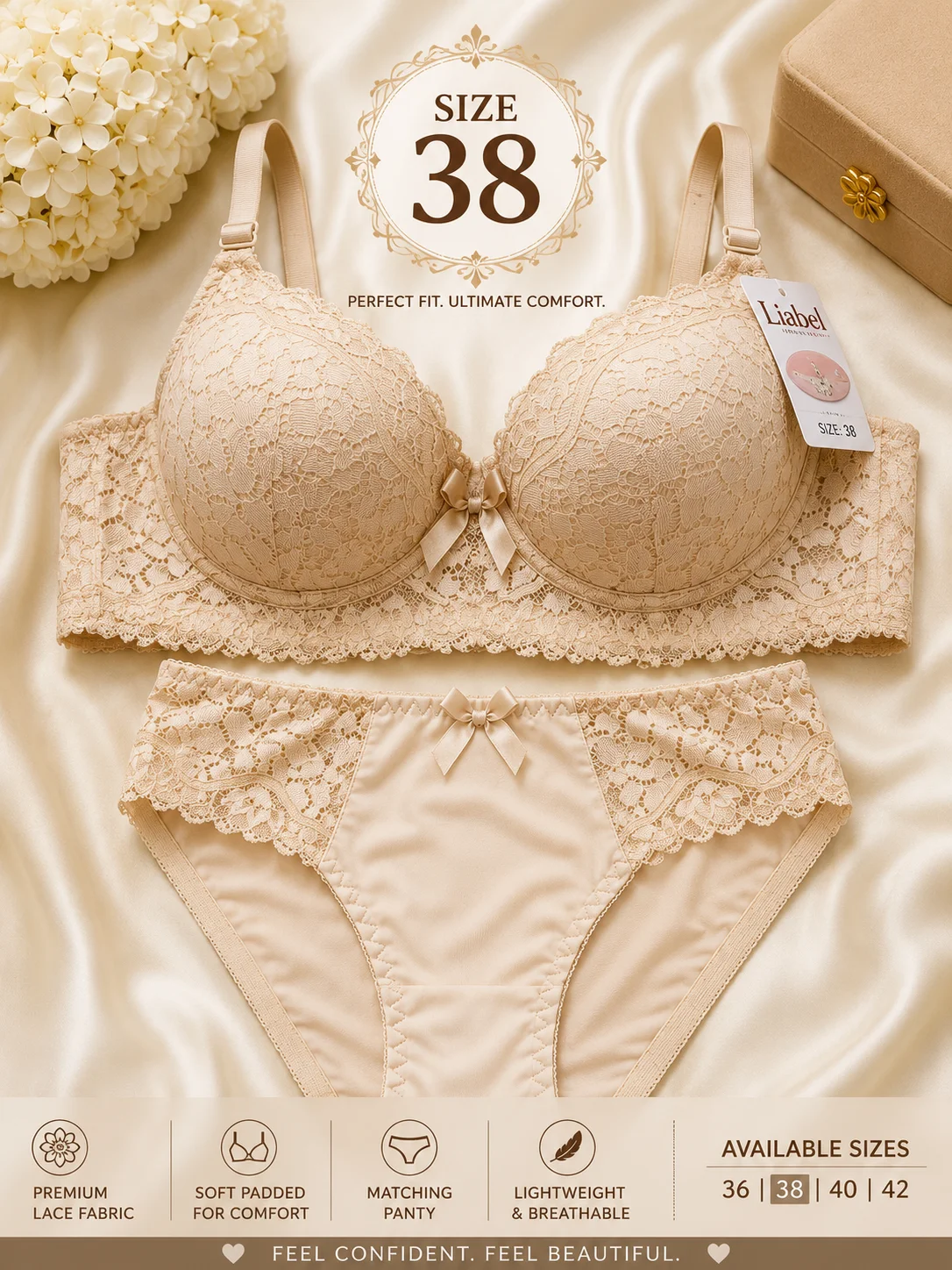 Luxury Lace Bra & Panty Set – Soft Padded Floral Lingerie | Premium Comfort | Sizes 36, 38, 40 & 42
