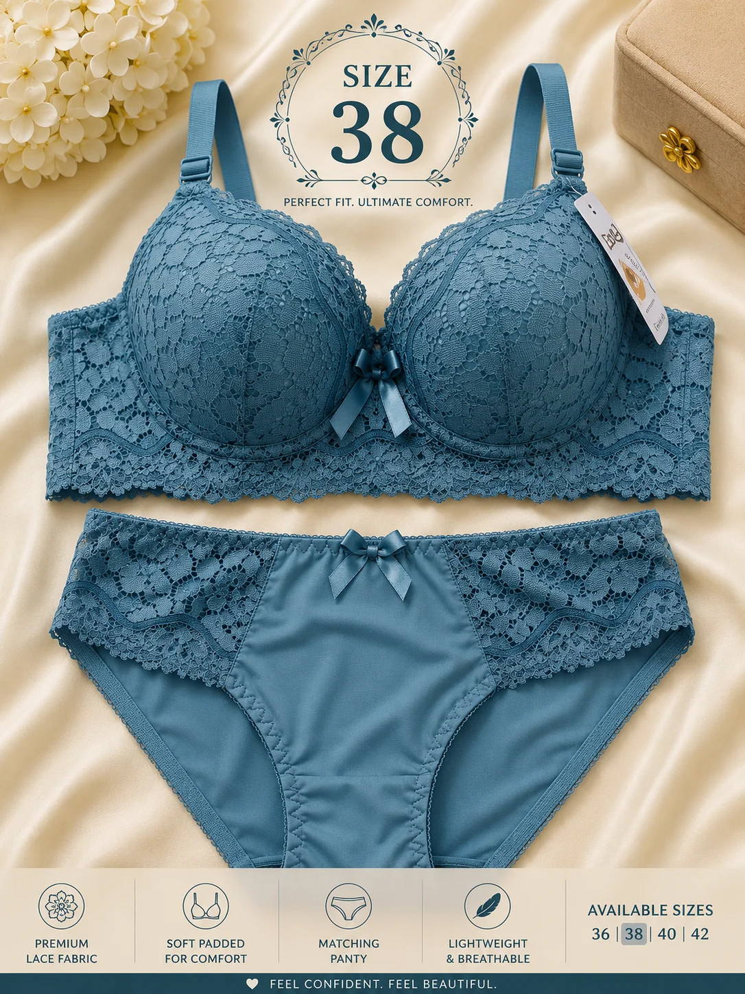 Luxury Lace Bra & Panty Set – Soft Padded Floral Lingerie | Premium Comfort | Sizes 36, 38, 40 & 42