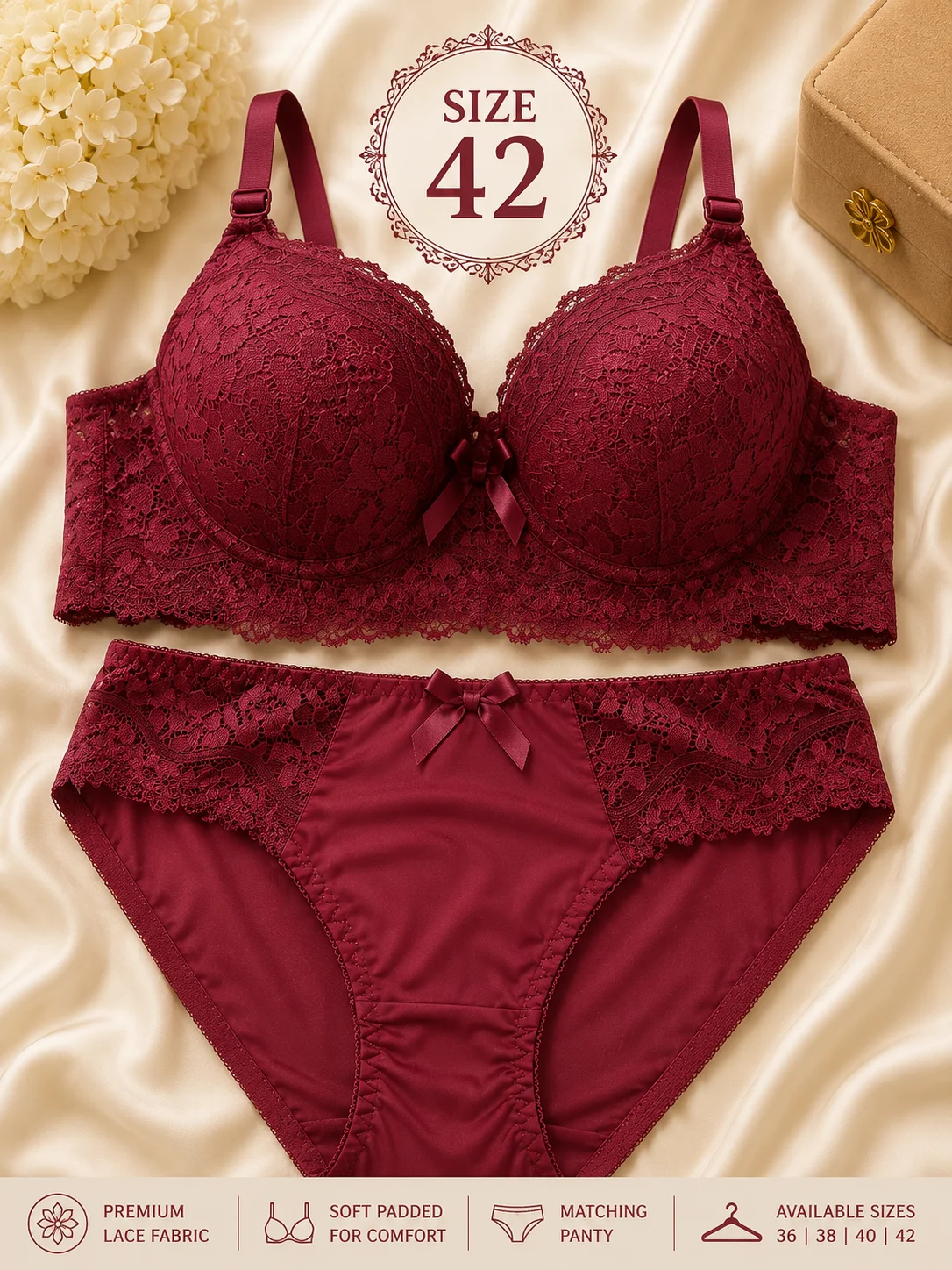 Luxury Lace Bra & Panty Set – Soft Padded Floral Lingerie | Premium Comfort | Sizes 36, 38, 40 & 42