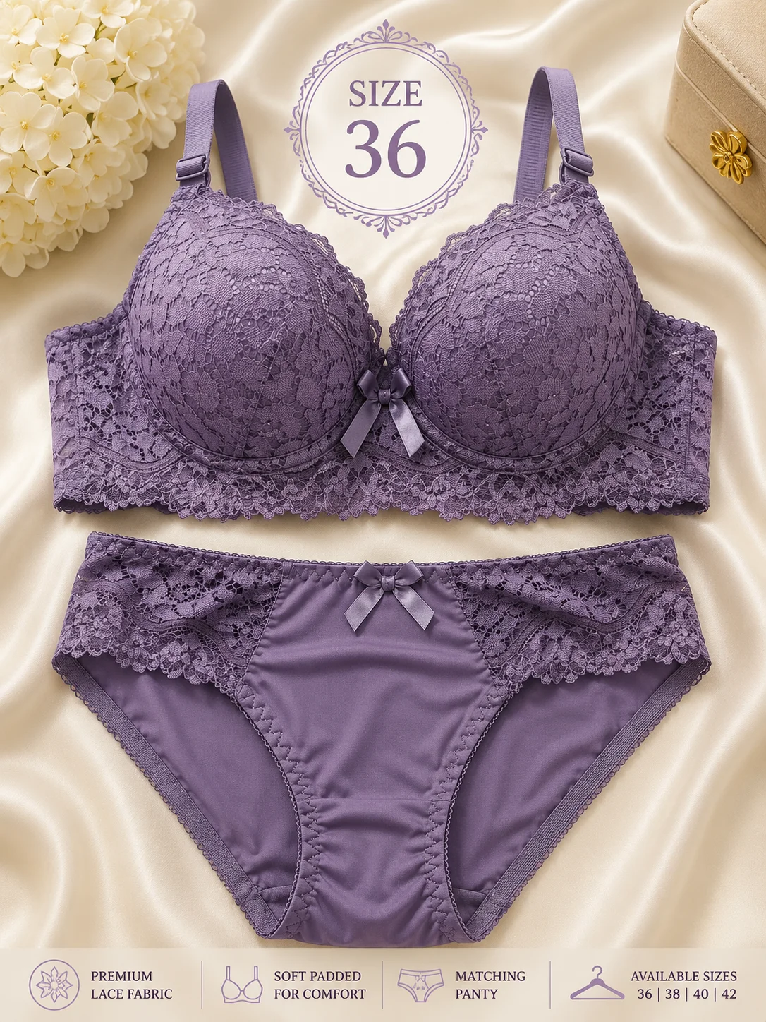 Luxury Lace Bra & Panty Set – Soft Padded Floral Lingerie | Premium Comfort | Sizes 36, 38, 40 & 42