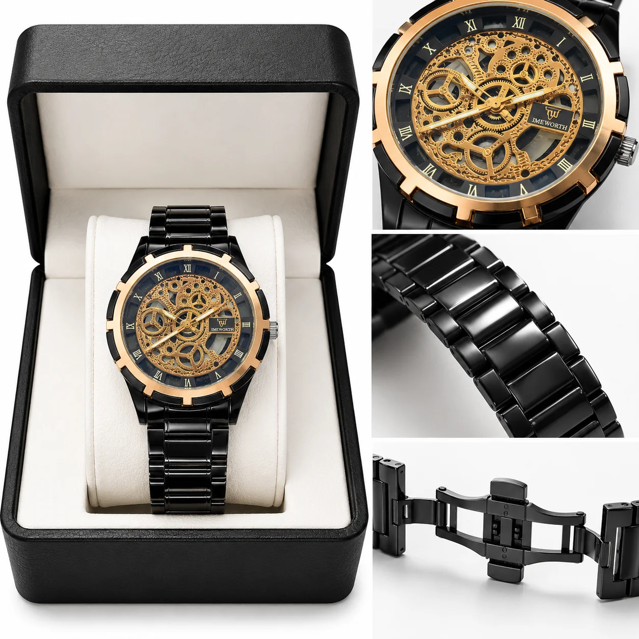 Black & Rose Gold Skeleton Men's Watch