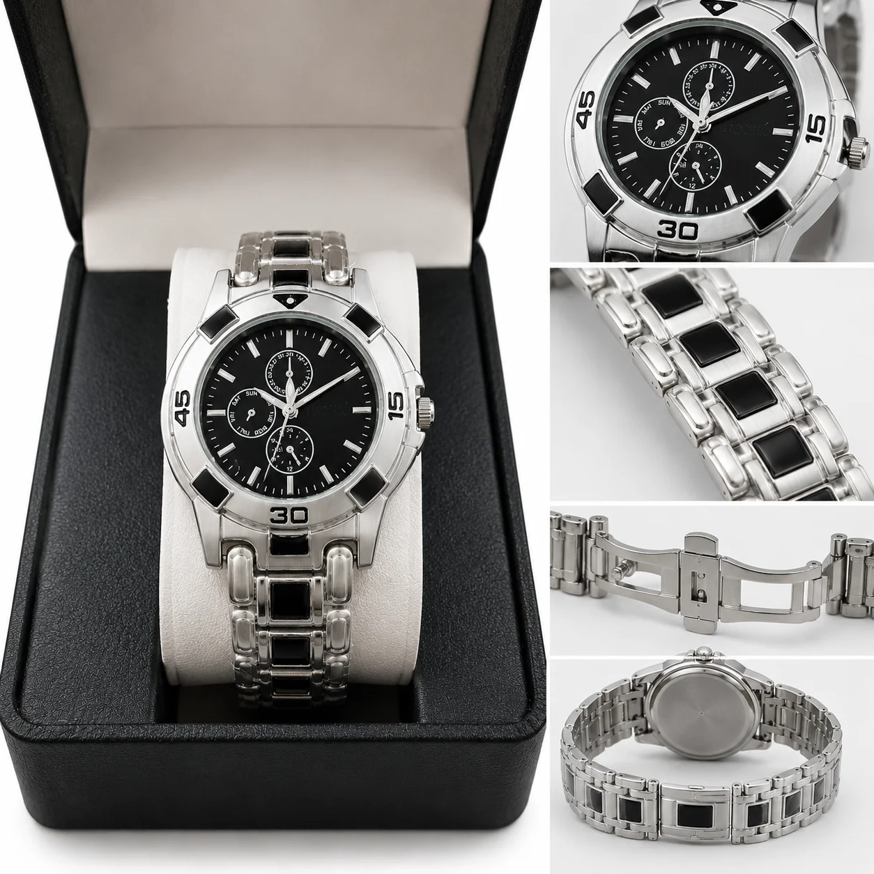 Men's Luxury Silver Stainless Steel Analog Wrist Watch | Black Dial