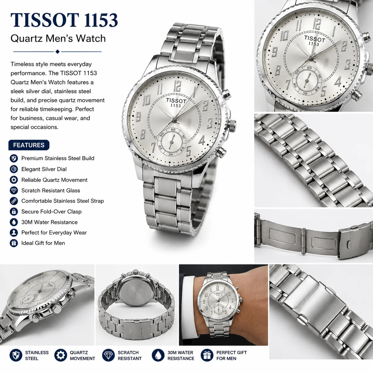 Luxury Silver Stainless Steel Quartz Men's Wrist Watch – Classic Analog Dress Watch