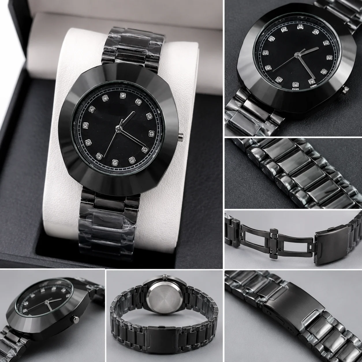 Luxury Black Stainless Steel Quartz Wrist Watch for Men