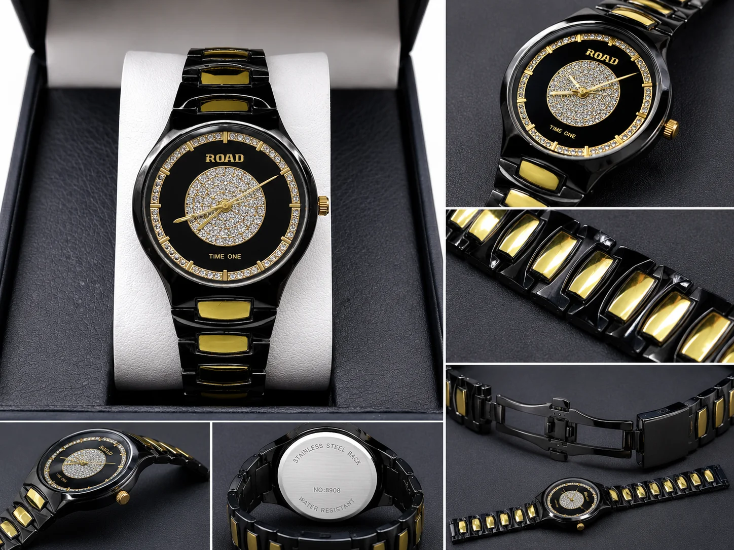 Luxury Black & Gold Crystal Dial Analog Watch for Men