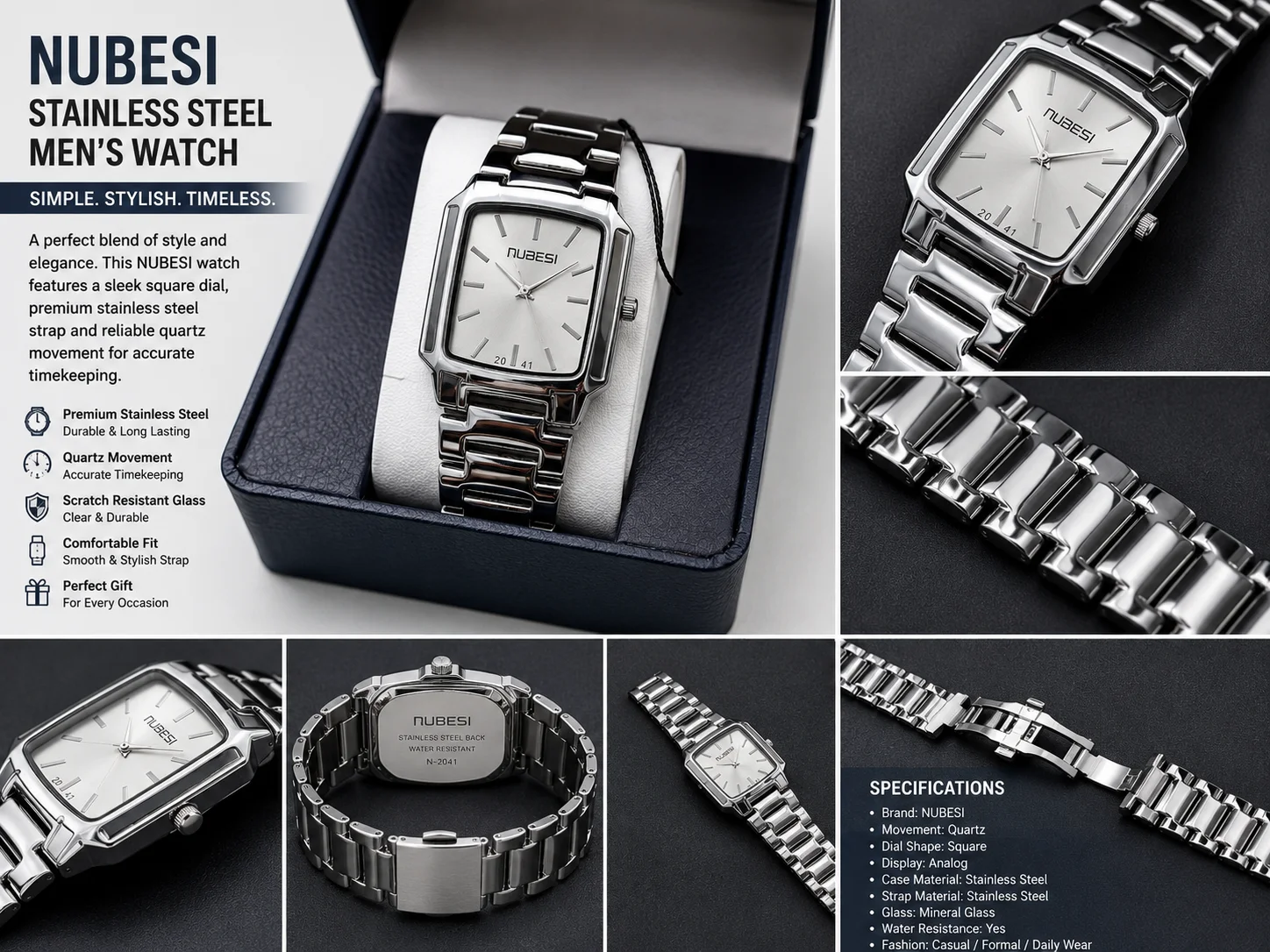 NUBESI Silver Square Dial Stainless Steel Analog Watch for Men
