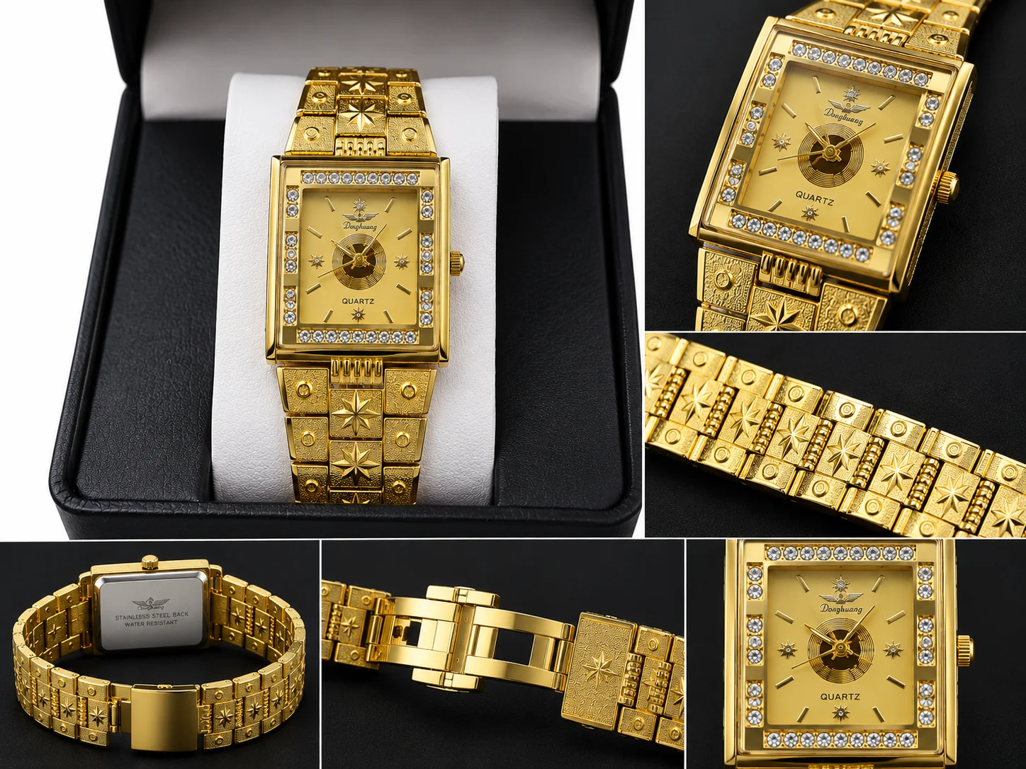 Luxury Gold Rectangular Quartz Watch for Men