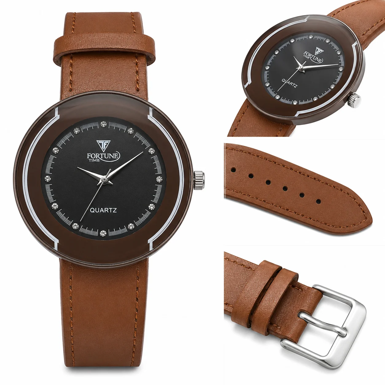 Fortune Time Men's Brown Leather Quartz Analog Wrist Watch