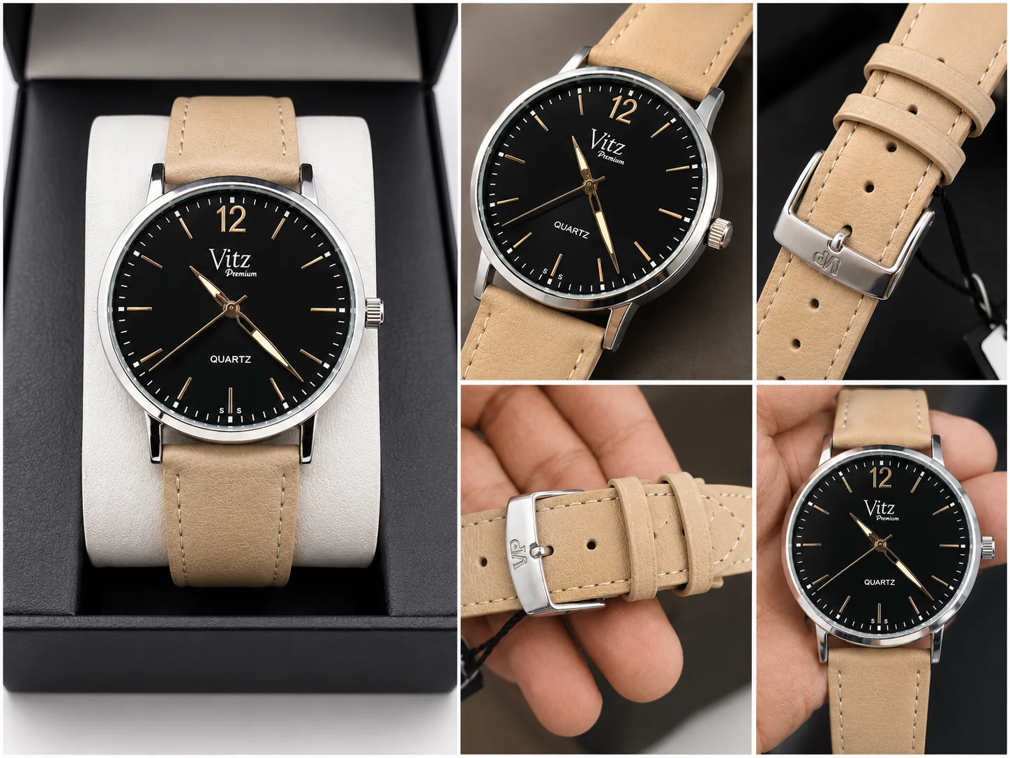 Vitz Premium Men's Analog Quartz Watch – Black Dial with Beige Leather Strap