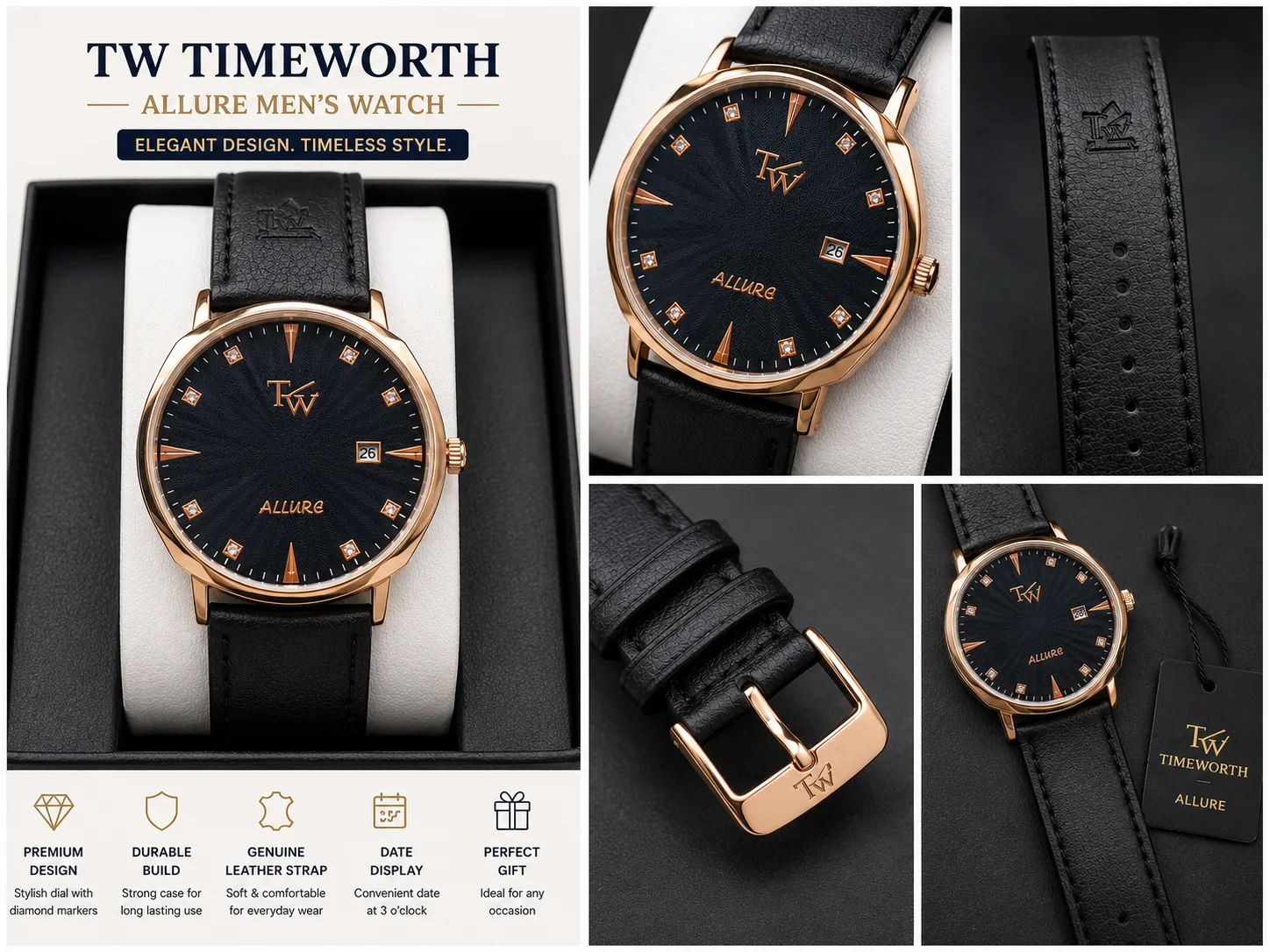 TW Allure Men's Premium Black Leather Analog Watch