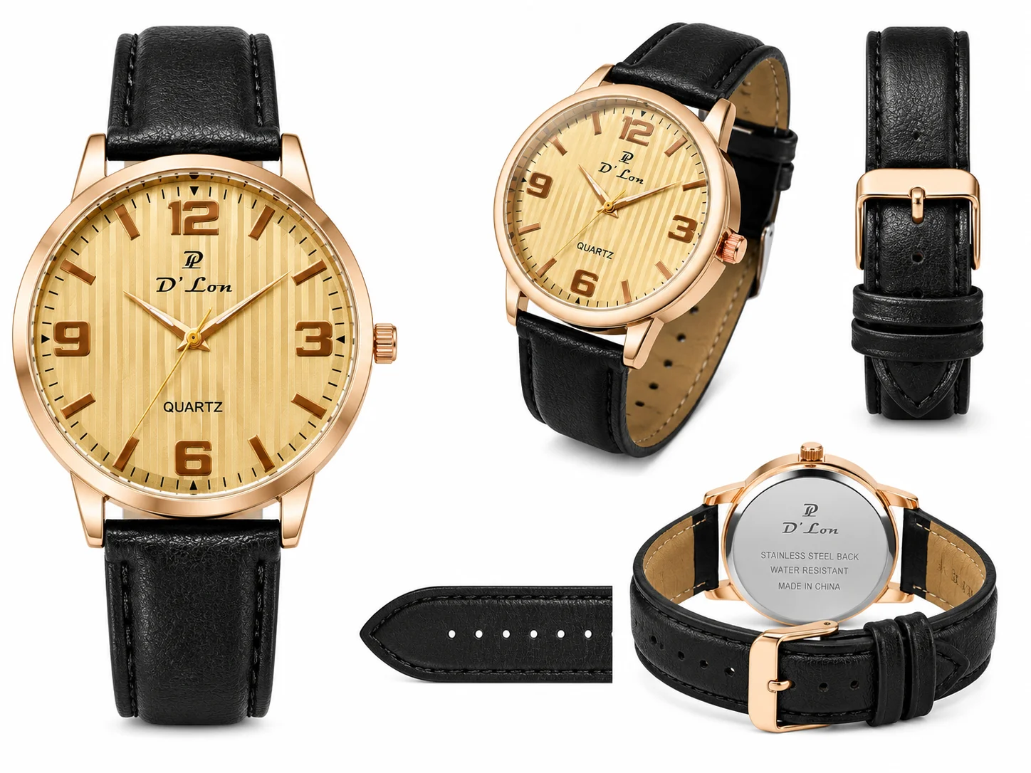 D'Lon Men's Quartz Analog Watch – Black Leather Strap & Gold Dial