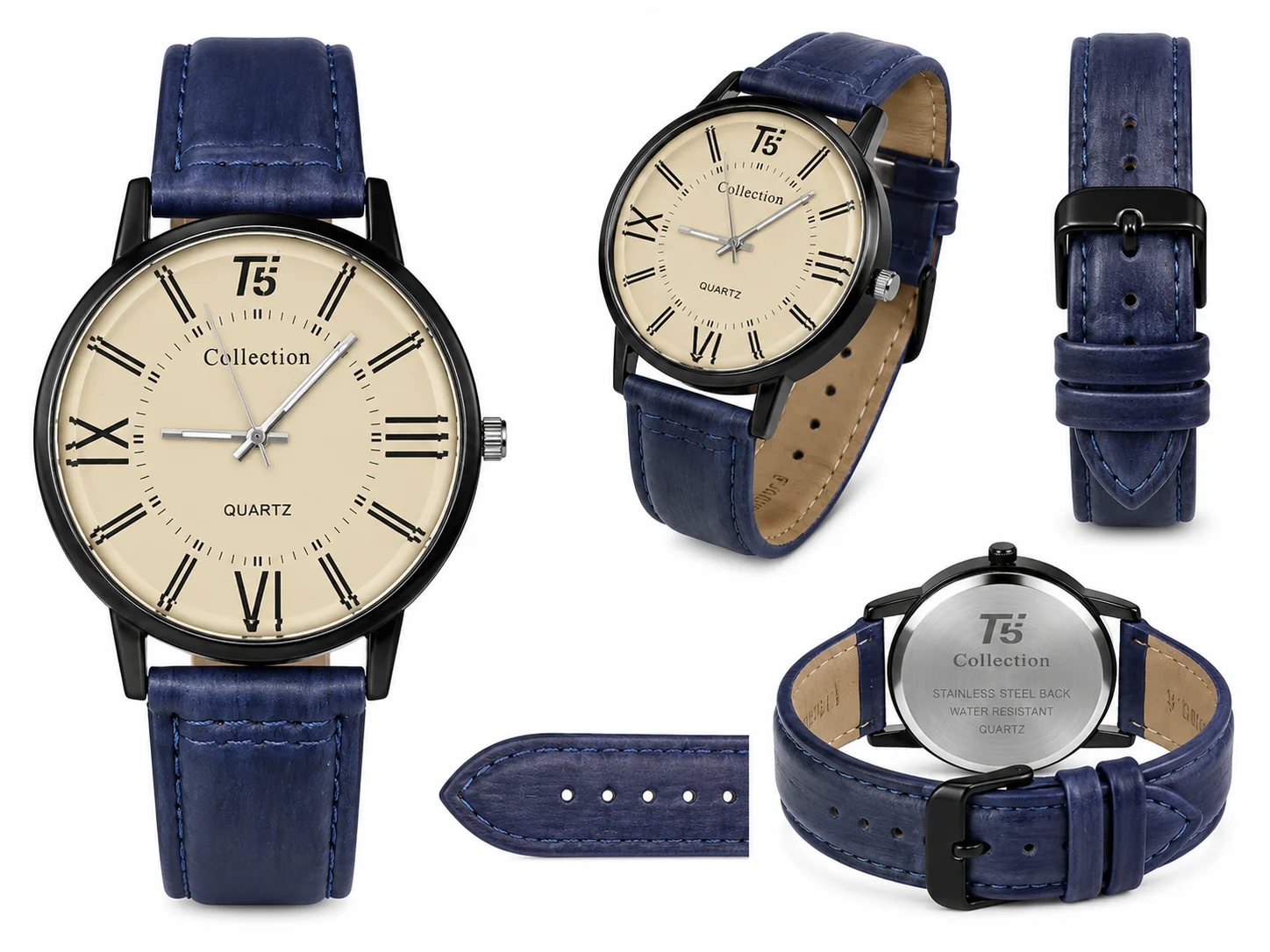 T5 Collection Men's Analog Quartz Watch – Blue Leather Strap