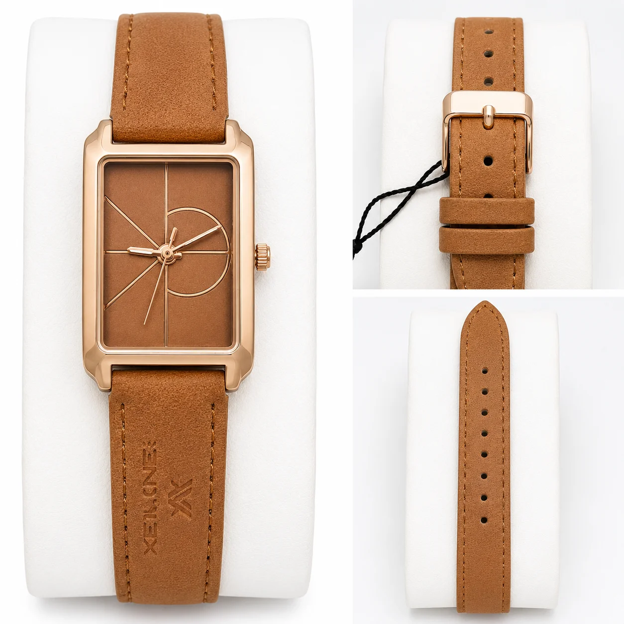 XENLEX Vintage Rectangle Brown Leather Strap