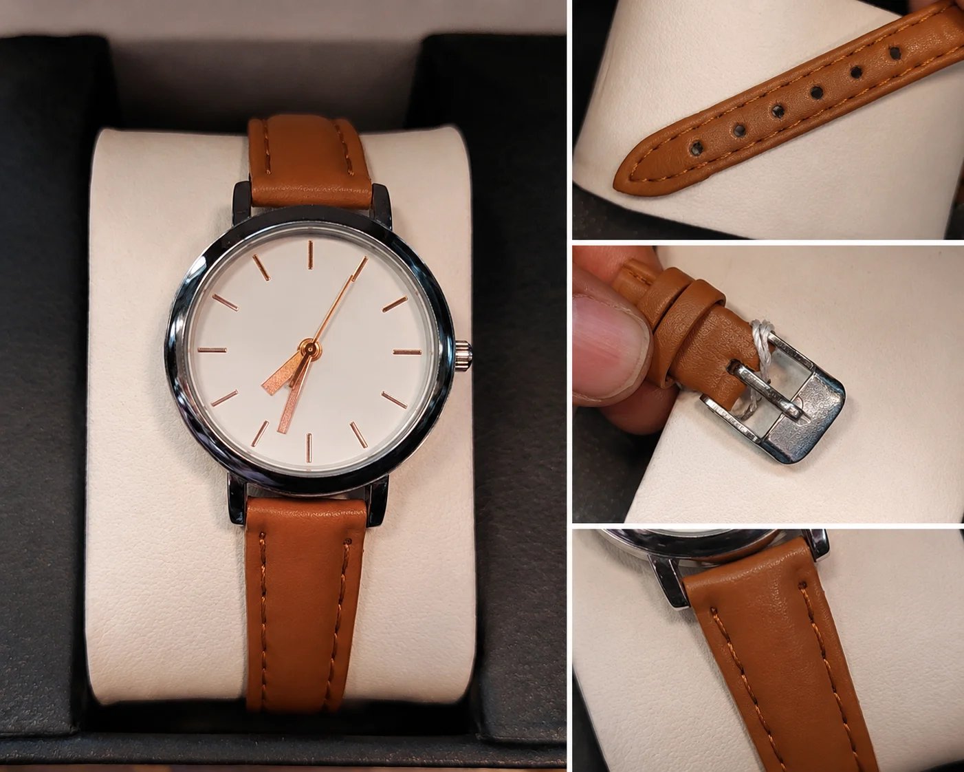 Elegant Women's Minimalist White Dial Watch with Brown Leather Strap
